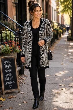 Isaac Mizrahi Live XS Animal Print Long Sweater/Cardigan Black Tan Cotton Blend